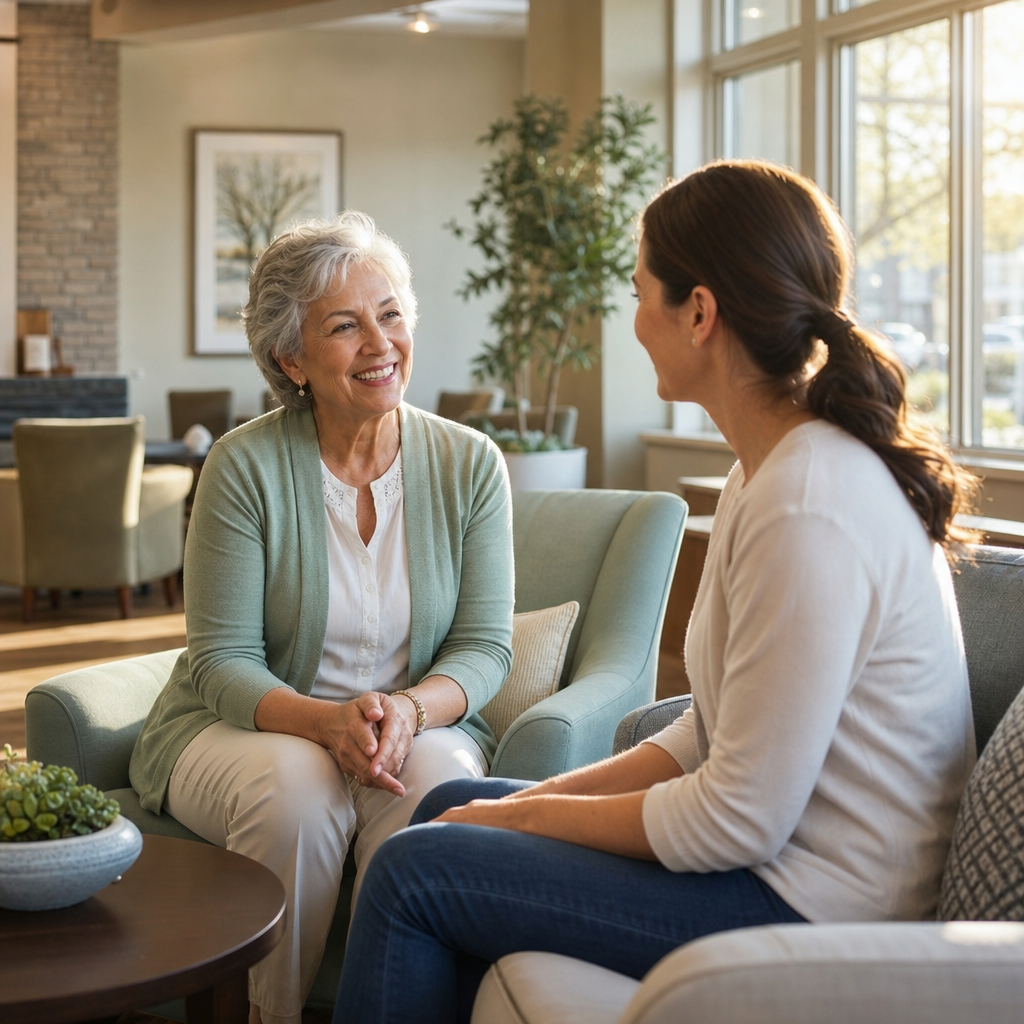 Warm senior living community common room with residents and family